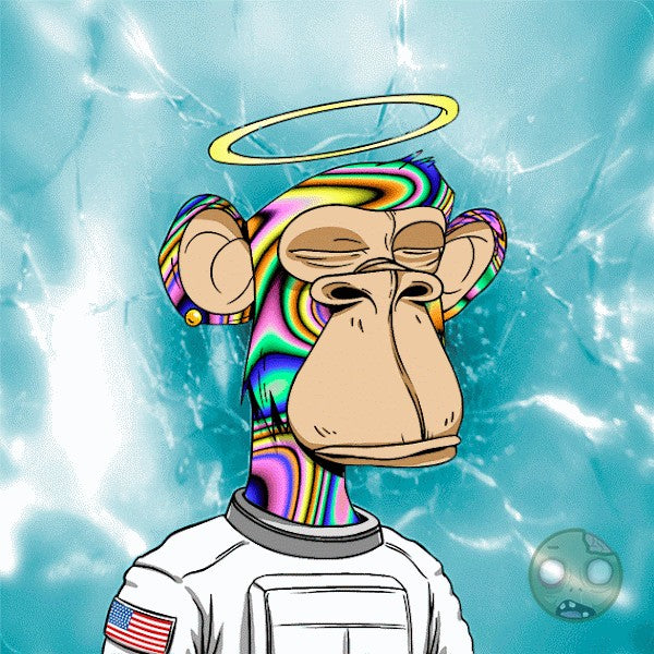 Colorful monkey character in astronaut suit with halo, blue pink yellow and green patterns