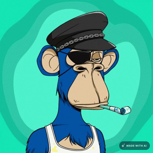Cartoon monkey in blue, black and white with sunglasses, captain's hat and tank top