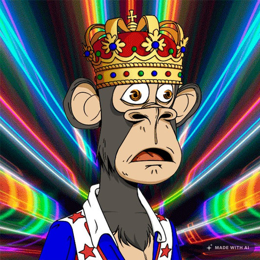 Animated monkey character in jeweled crown with colorful rainbow background
