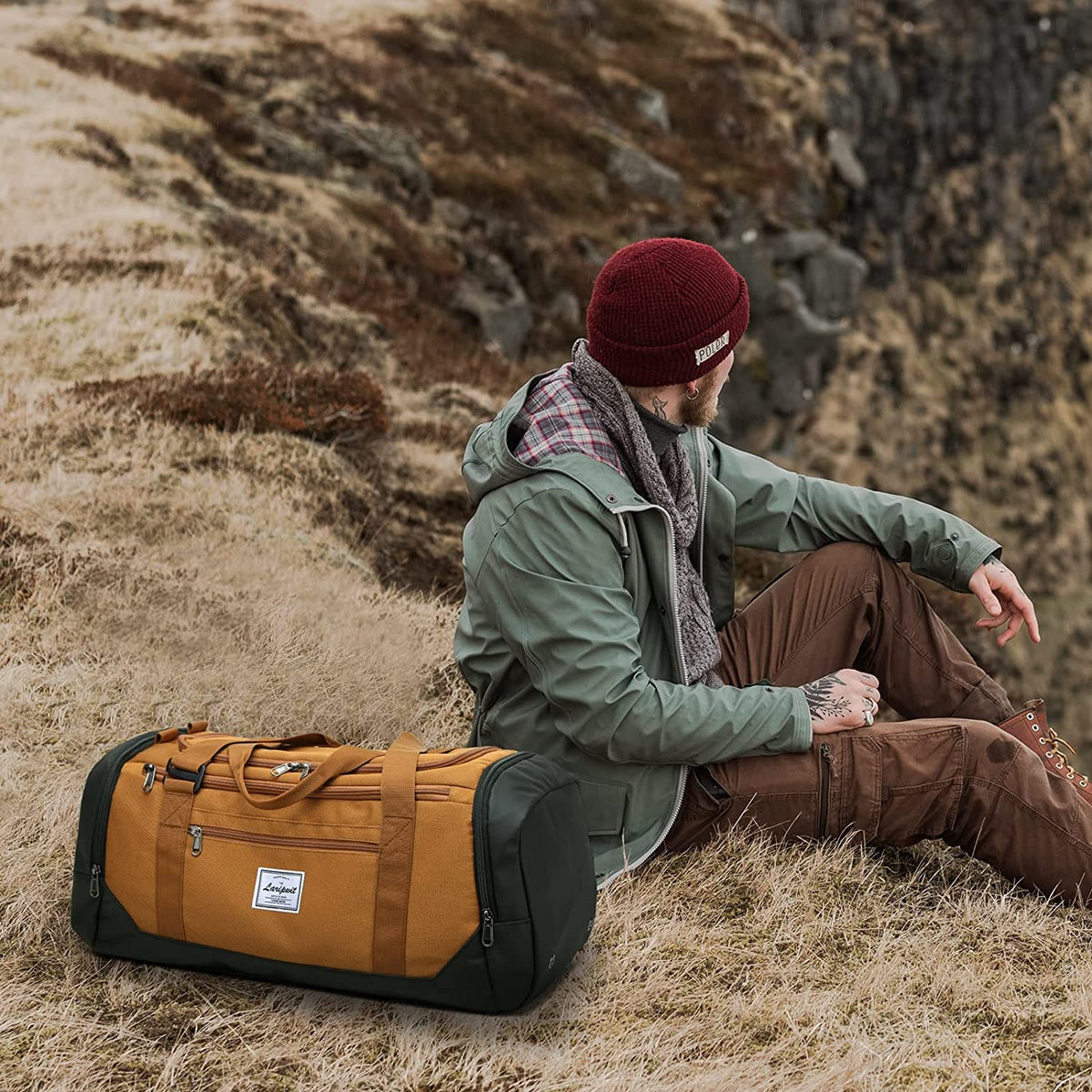 Travel Duffle Bag for Men 40L Medium Sports Gym Bag with Wet Pocket & Shoes Compartment Weekender Overnight Backpack for Traveling Duffel Bag Backpack for Women, Khaki