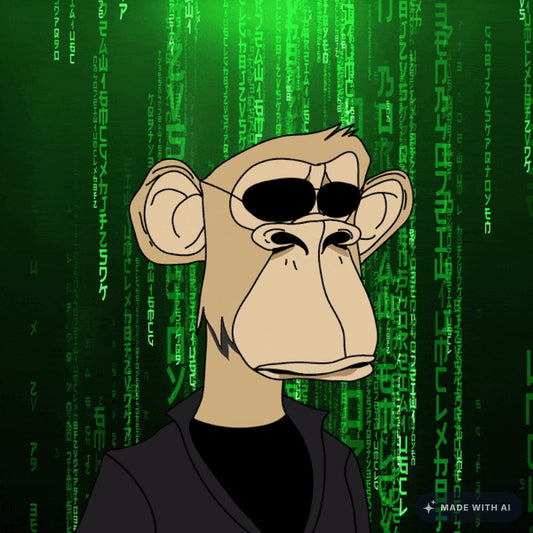 Animated brown monkey character in sunglasses and black jacket on green Matrix background