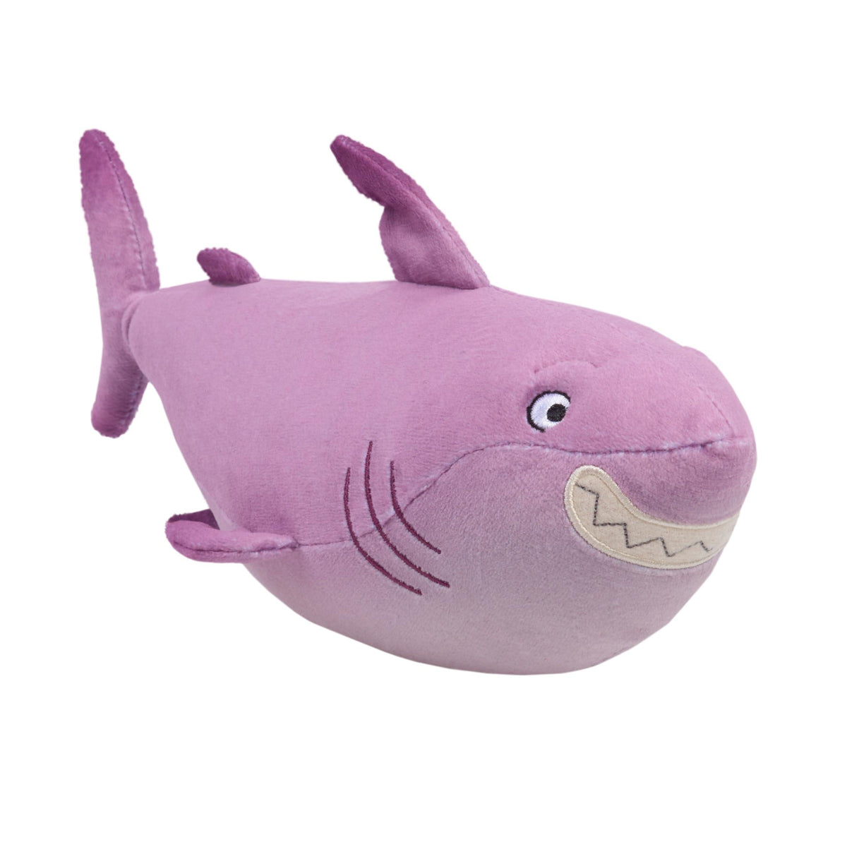 Soft purple shark plush toy with embroidered eyes and smiling mouth, featuring detailed fins and gills.