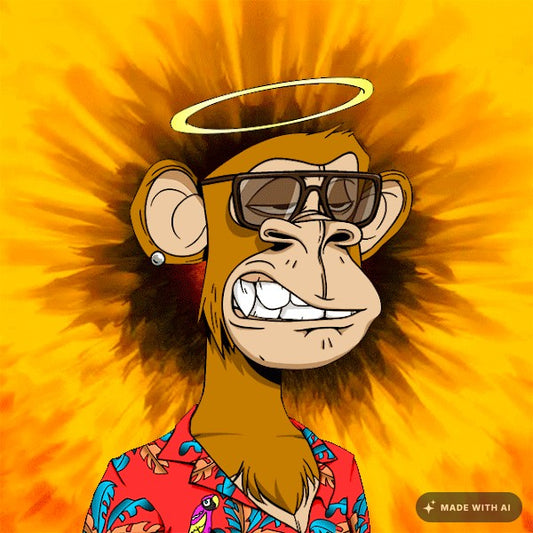 Active Ape Blazin' Halo cartoon ape with sunglasses, halo, and red floral shirt on yellow background
