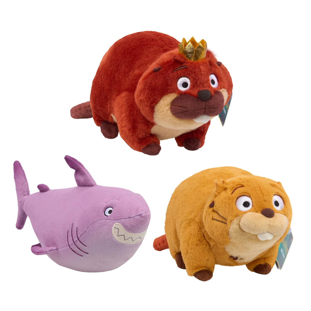 Three colorful plush animal toys, including a red otter with a crown, a purple shark, and an orange beaver.