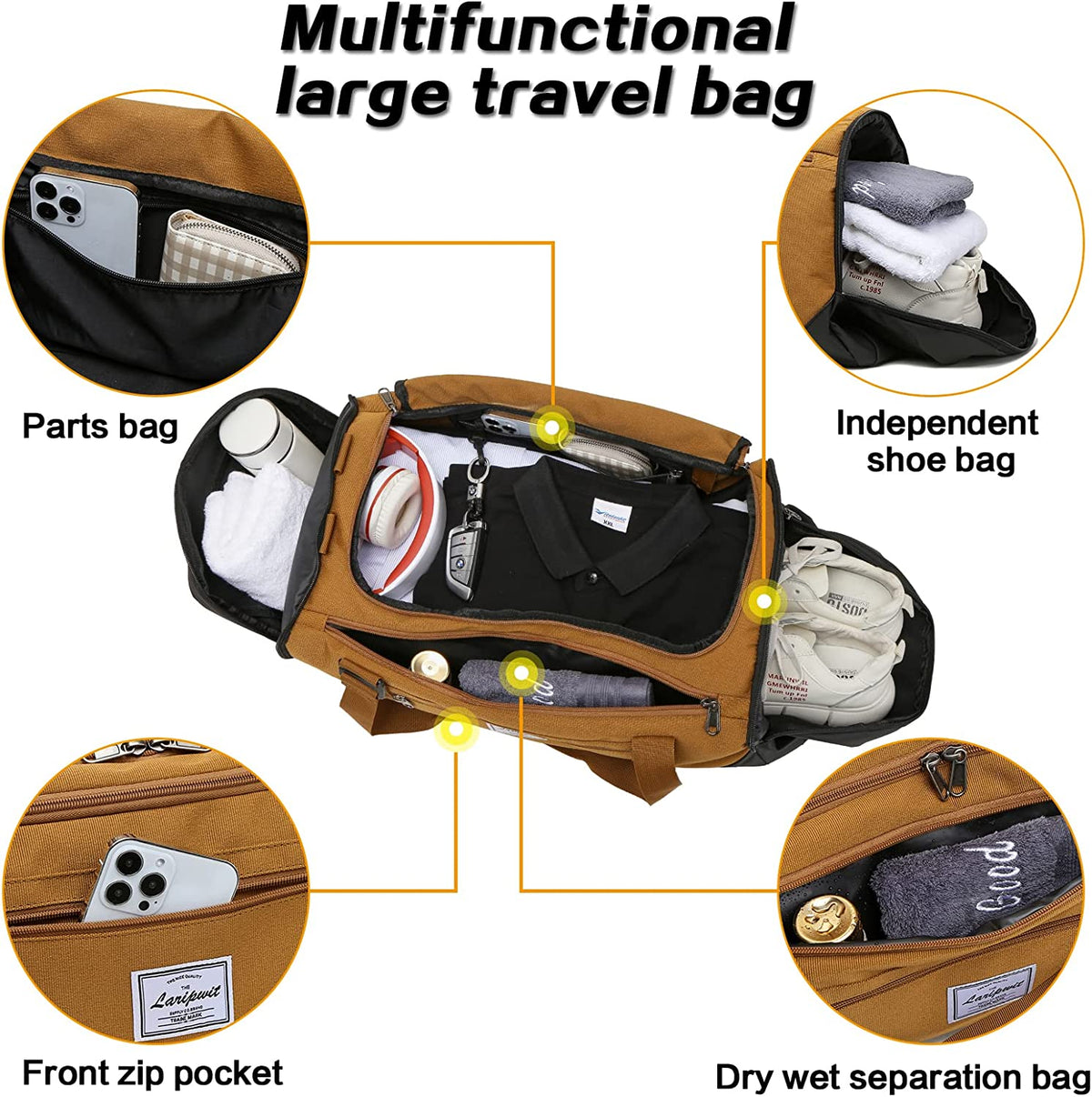 Travel Duffle Bag for Men 40L Medium Sports Gym Bag with Wet Pocket & Shoes Compartment Weekender Overnight Backpack for Traveling Duffel Bag Backpack for Women, Khaki