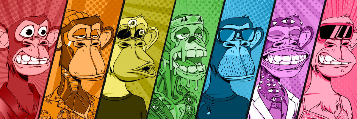 Colorful cartoon ape faces with varied expressions and accessories in a diagonal striped background design
