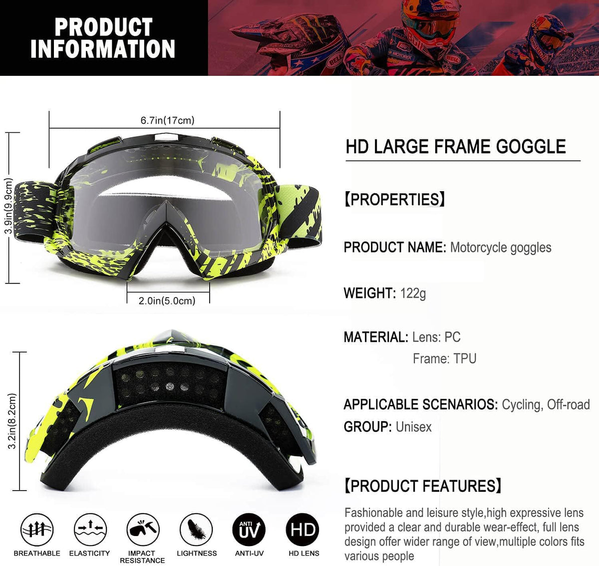 Dirt Bike ATV Goggles-Motorcycle Offroad Riding Helmet Motocross