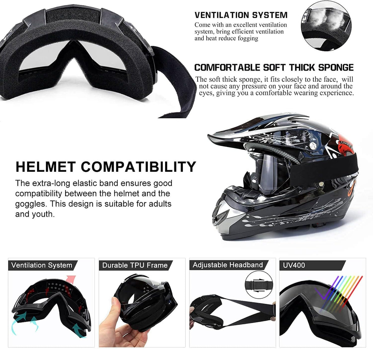 Dirt Bike ATV Goggles-Motorcycle Offroad Riding Helmet Motocross