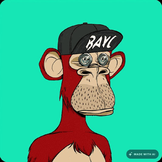 Red cartoon ape in black BAYC cap and coin-eye glasses on bright teal background
