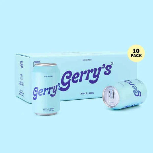 Gerry's Apple & Lime seltzer 10-pack box with light blue packaging and purple branding, plus two cans.