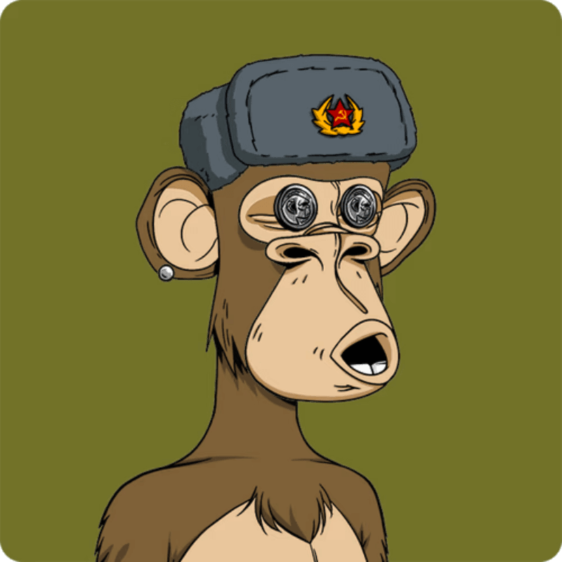 Digital illustration of an Active Ape 'Comrade' wearing a gray ushanka hat with a Soviet star on an olive background.