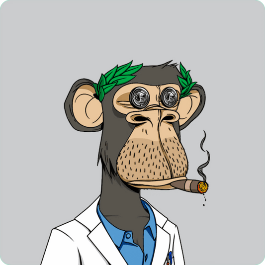 Illustration of a chimpanzee wearing a white lab coat and laurel wreath, smoking a cigar with button eyes.