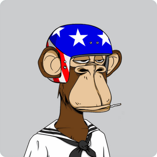 Digital illustration of an ape wearing a red, white, and blue star-patterned helmet and a white sailor shirt.