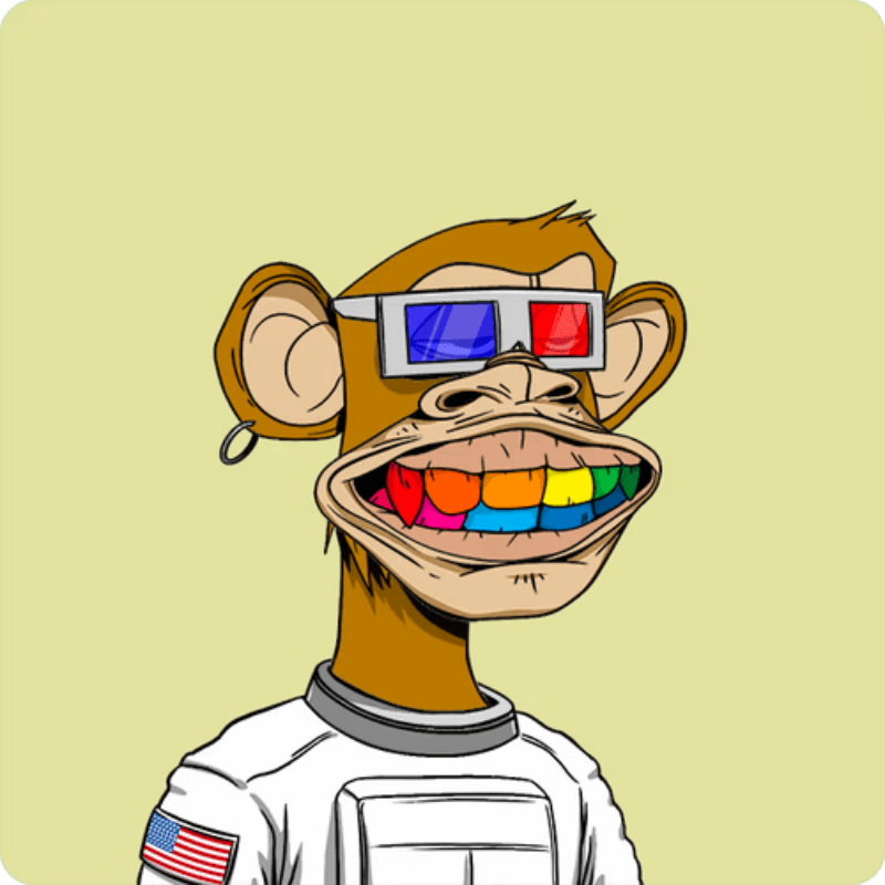 Cartoon ape with 3D glasses, rainbow-colored teeth, an earring, and an astronaut suit with an American flag patch.
