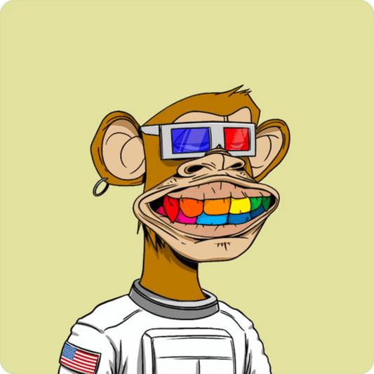 Cartoon ape with 3D glasses, rainbow-colored teeth, an earring, and an astronaut suit with an American flag patch.