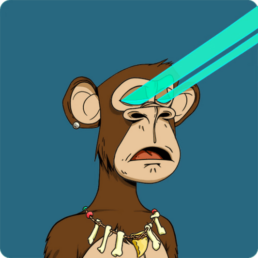Cartoon ape with brown fur and a bone necklace, shooting bright cyan laser beams from its eyes against a blue background.
