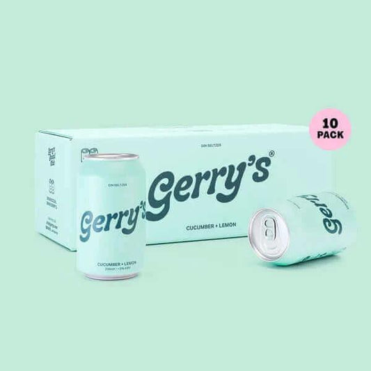 Gerry's Cucumber & Lemon seltzer 10-pack box with two cans in soft mint green branding and dark blue logo text.