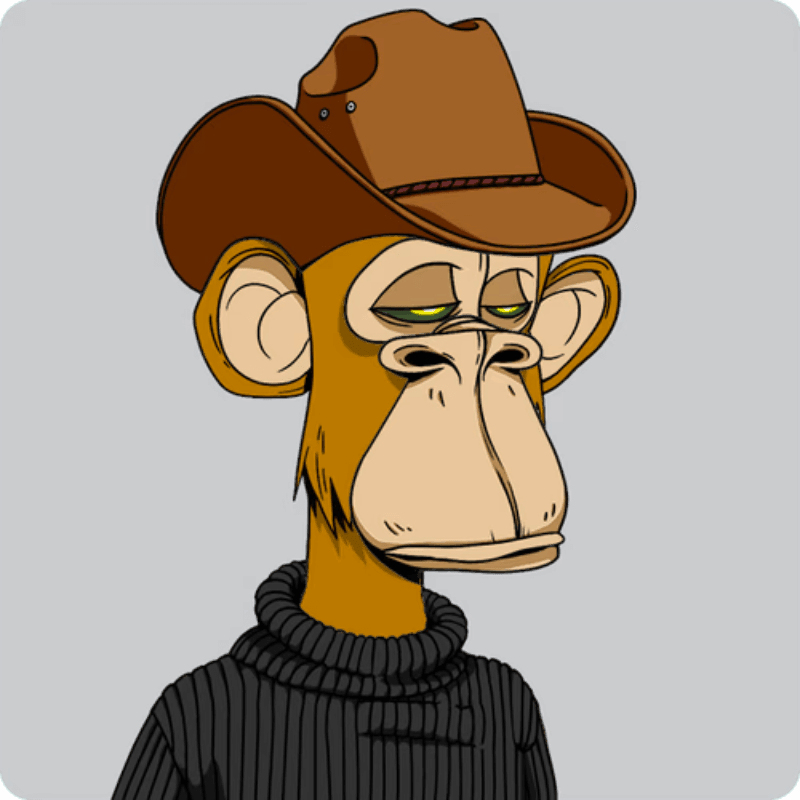 Illustration of a bored-looking ape wearing a brown cowboy hat and a black ribbed sweater against a gray background.