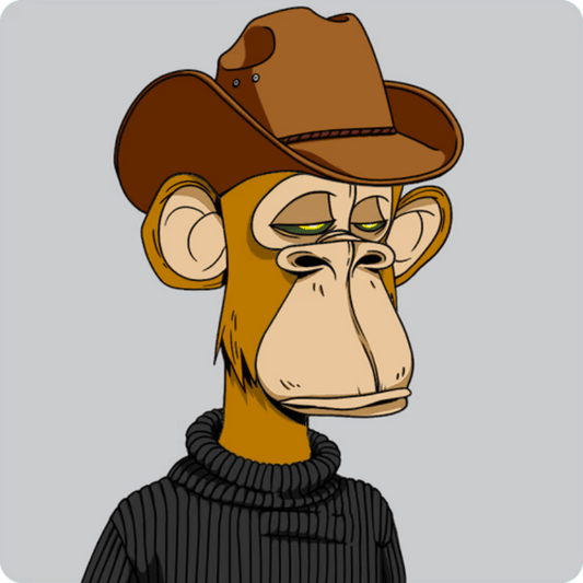 Illustration of a bored-looking ape wearing a brown cowboy hat and a black ribbed sweater against a gray background.
