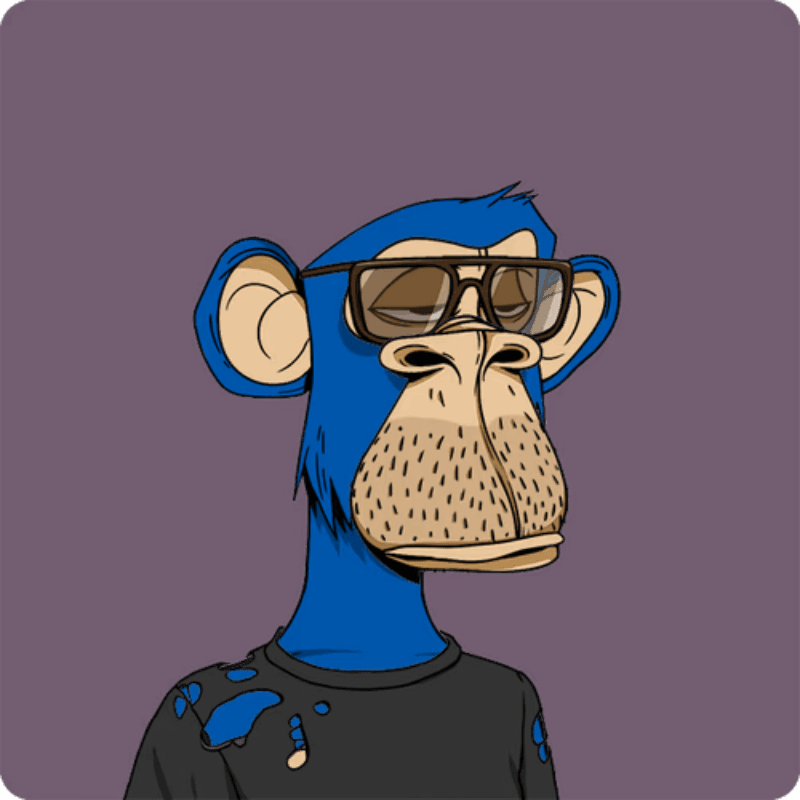 Illustration of a blue ape wearing sunglasses and a distressed black shirt titled Active Ape - Jeff Goldblum