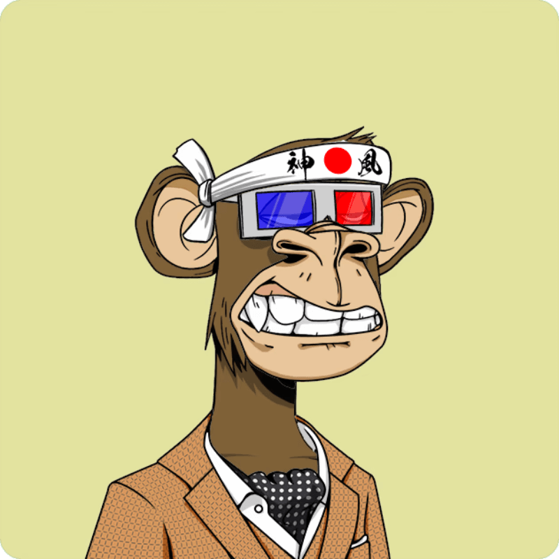 Active Ape Katana Chef: Cartoon monkey wearing a Japanese hachimaki headband, 3D glasses, and a brown blazer.