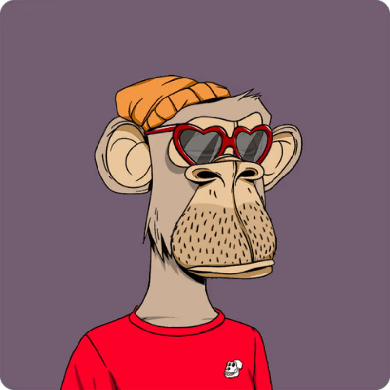 Active Ape - Peace & Love cartoon ape wearing red heart-shaped sunglasses, orange beanie, and red shirt on purple background