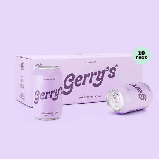A 10-pack box and cans of Gerry's Passionfruit & Lime vodka seltzer in lavender purple with dark purple branding.